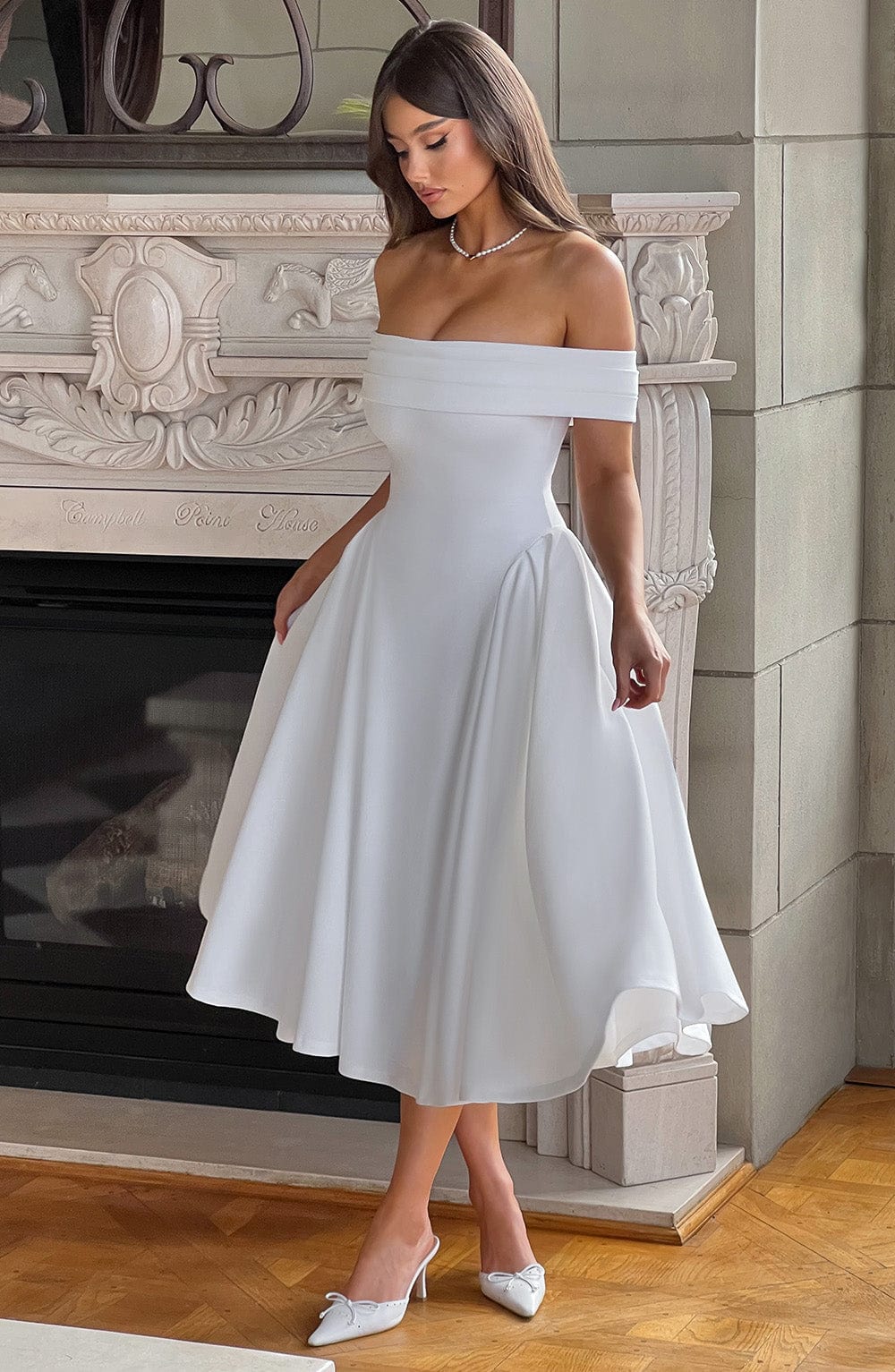 Tahlia - Off-Shoulder Plissé Midi Jurk