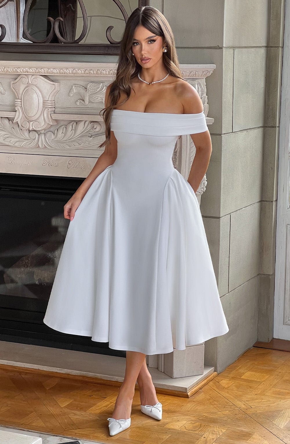 Tahlia - Off-Shoulder Plissé Midi Jurk