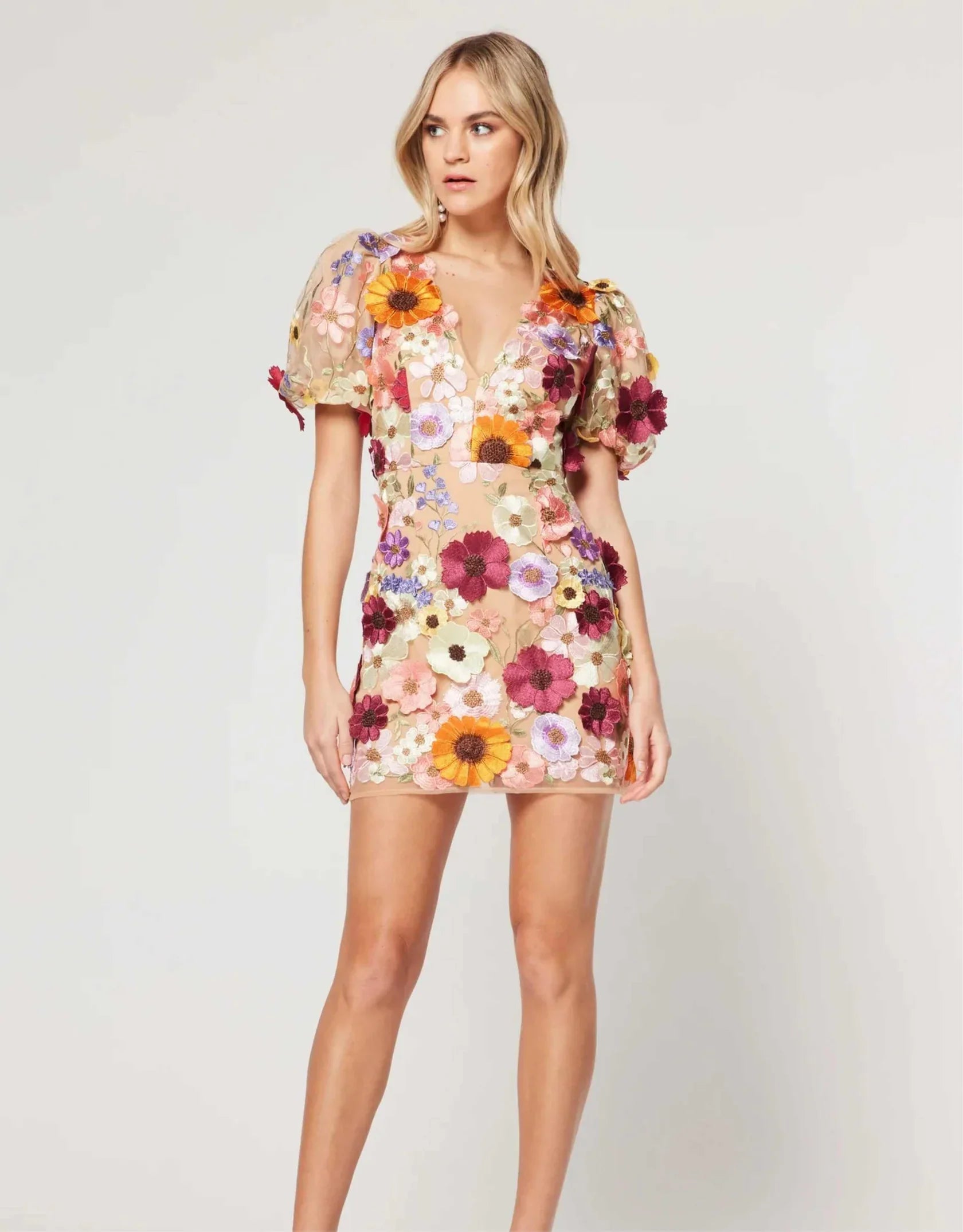 Sue - Bloemen Mini Jurk Met Pofmouwen